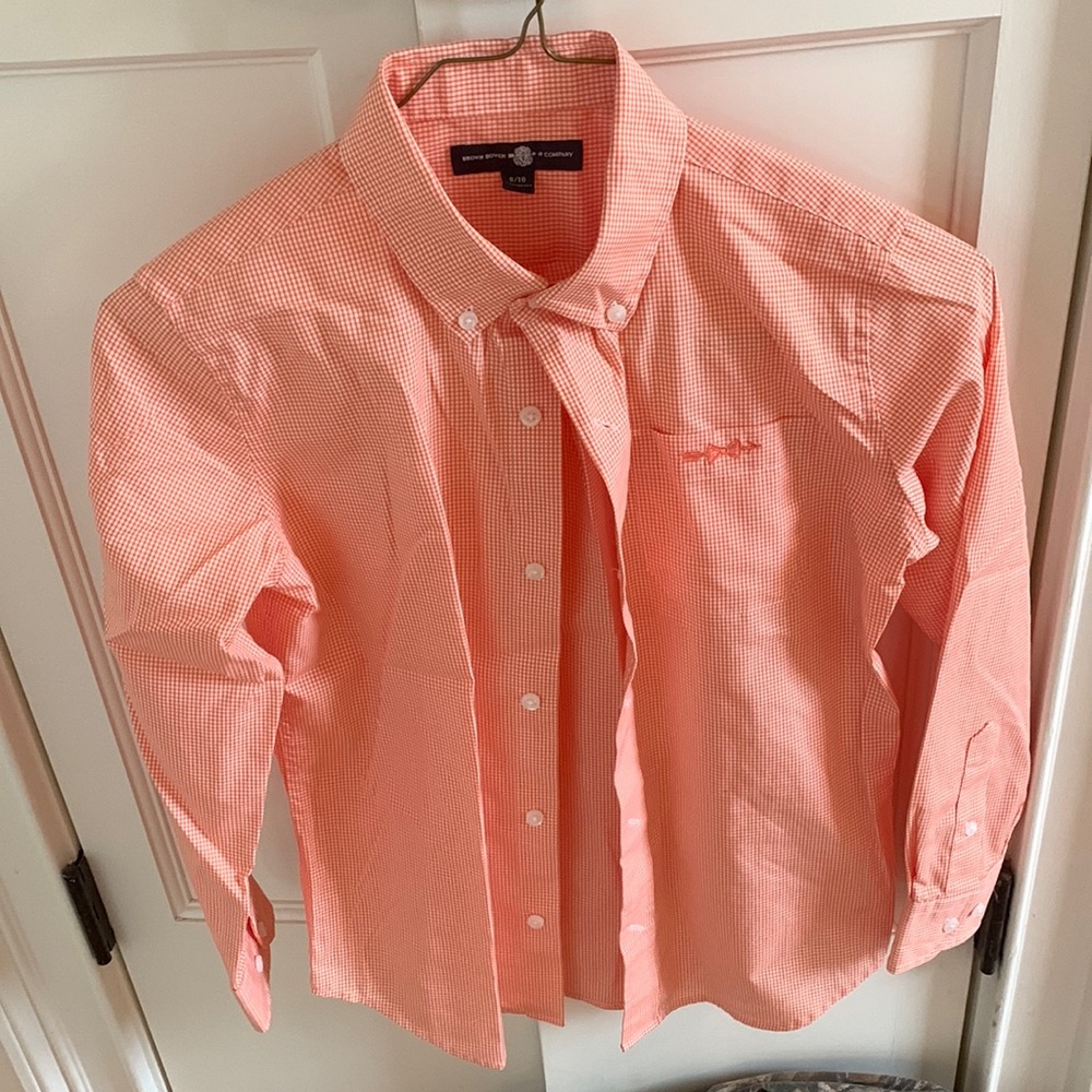 Brown Bowen and Company orange gingham button down shirt